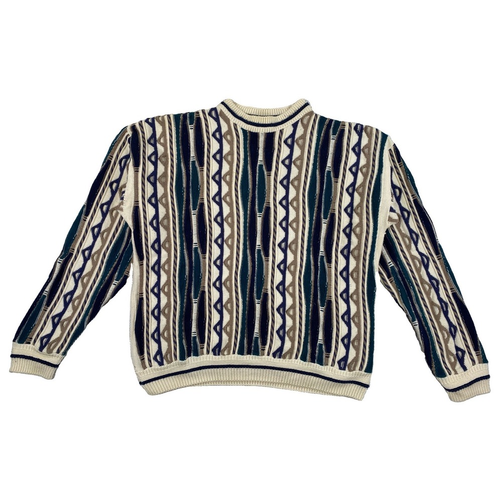 Vintage Lavane 3D Knit Sweater Adult XL Beige Blue Green Cotton Coogi Style USA